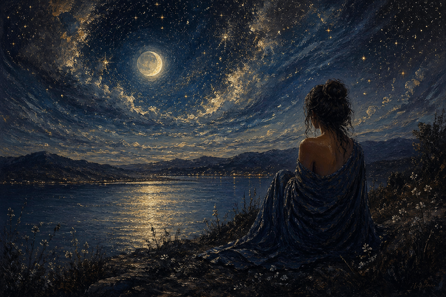 Woman sitting alone by moonlit water under a starry sky
